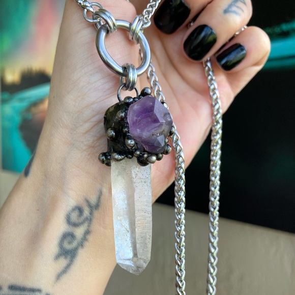 Natural raw purple amethyst &  crystal quartz gemstone boho charm necklace - Picture 6 of 16